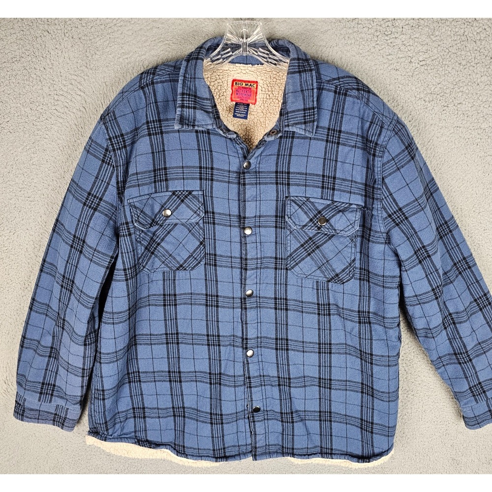 Big Mac Flannel Shirt Jacket Mens XL Plaid Sherpa Lined Workwear Warm Snap Front